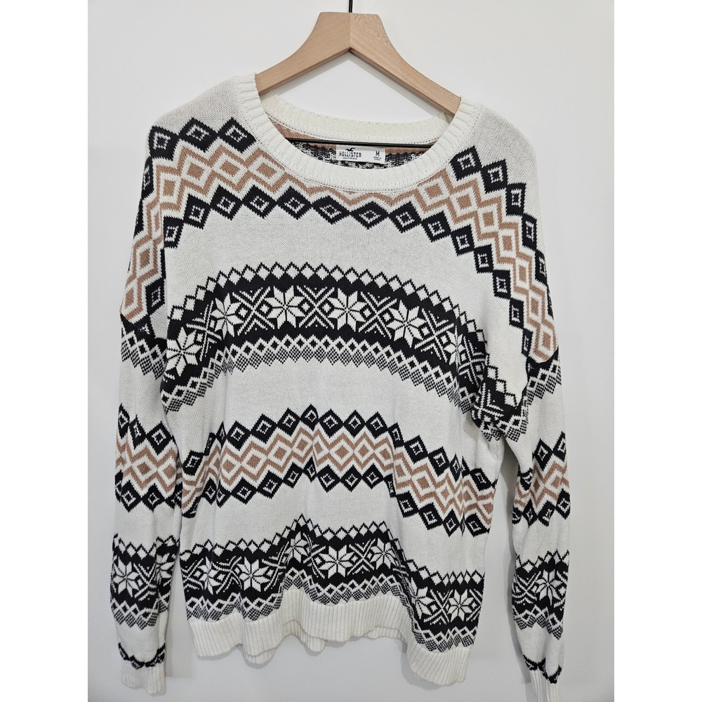 Hollister Womens Fair Isle Geometric Knit Crewneck Sweater Cream Black Tan 350S2